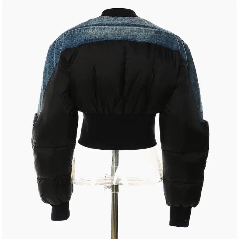 Denim Round Neck Slim Zipper Contrast Coat - Image #4