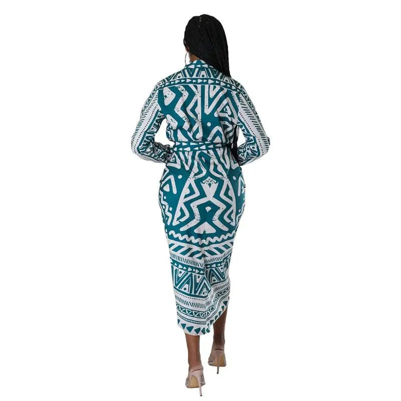 Long Dress Long Sleeve Printed Mid Long Shirt Dress - Image #2