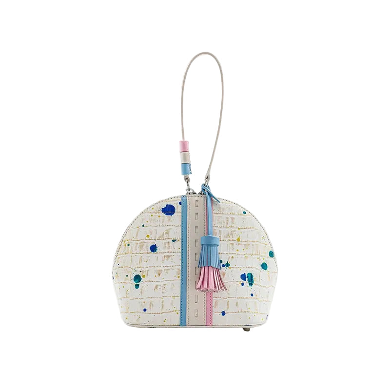 Small handbag with colorful design and tassel on a light gray background, featuring the brand 'Bafelli'.