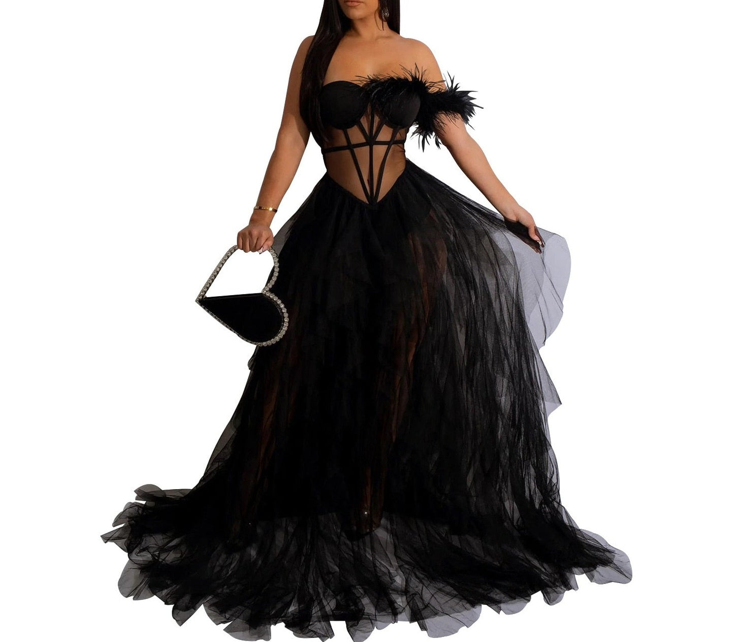 Women Elegant One Shoulder Mesh Feather Dress