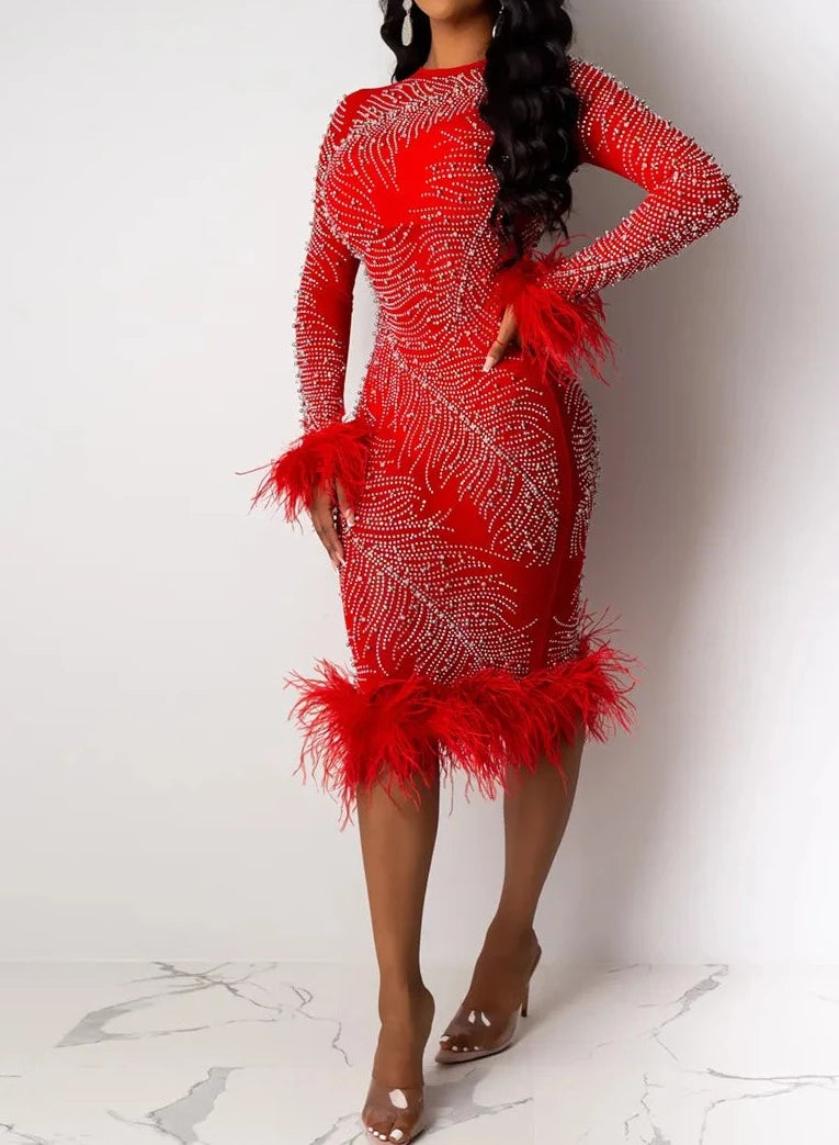 Beads Feather Bandage Dress