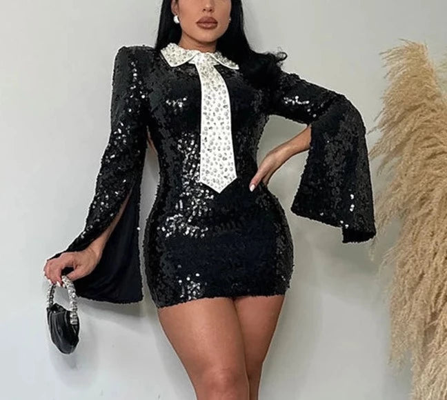 Women's Pearls Sequins Open Back Blazer Dress