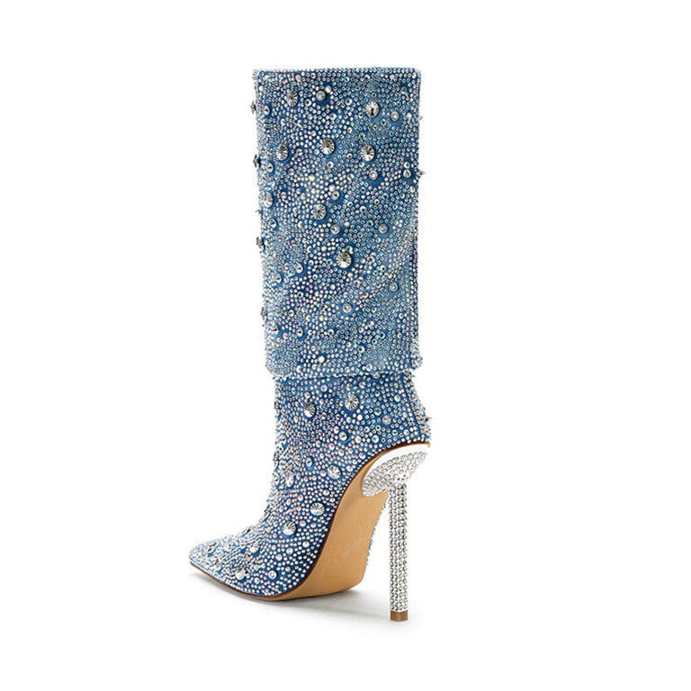 Denim Diamond Metal Thin Heel Boots