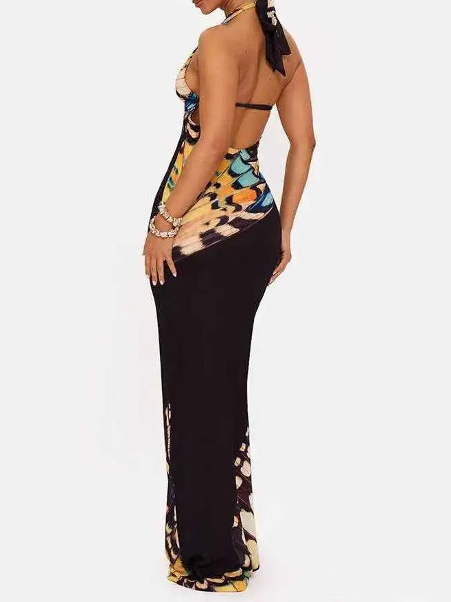 Butterfly Print Halter Maxi Dress