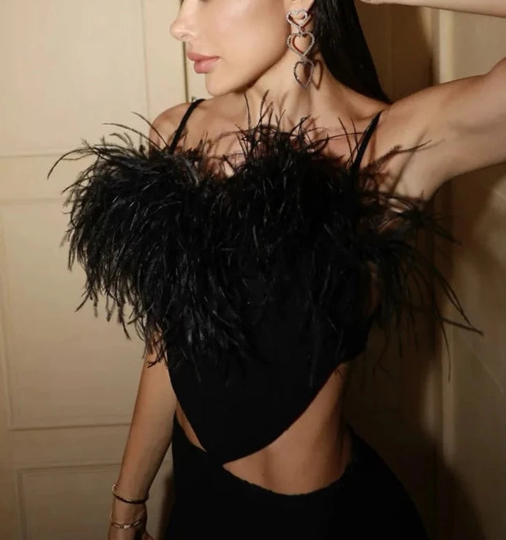 Cut Out Black Feather Bodycon Gowns Bandage Dress