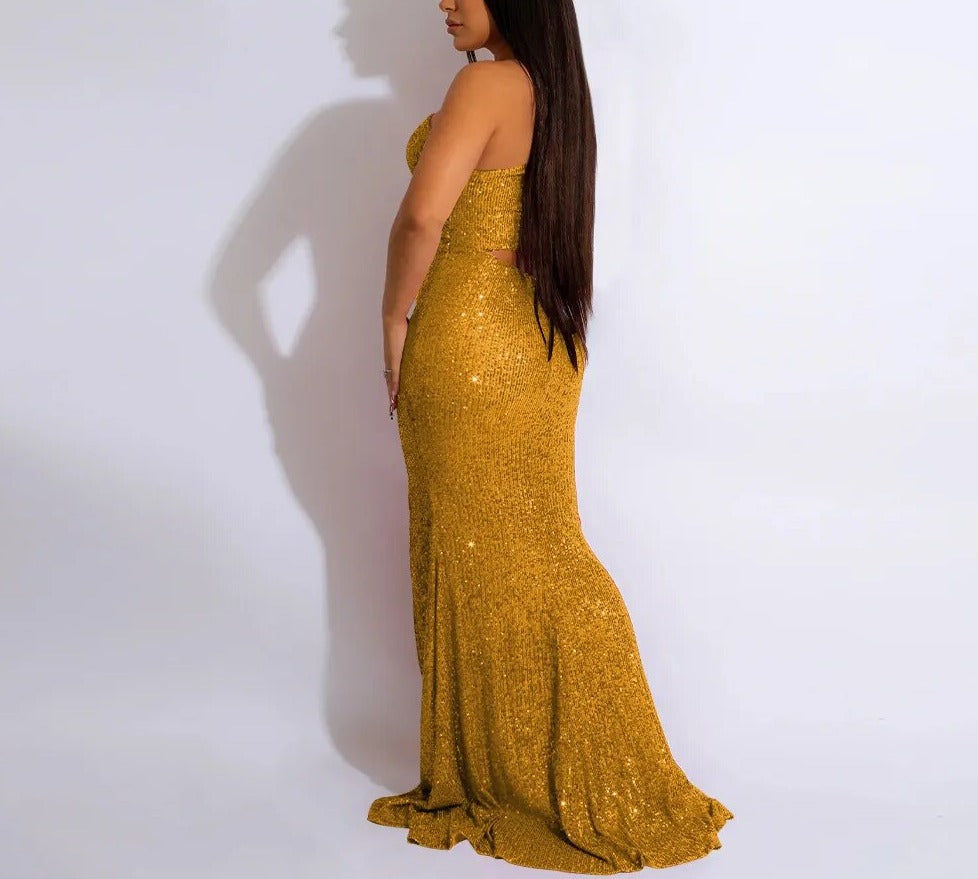 Solid Sequins O-neck One Shoulder Maxi Dress
