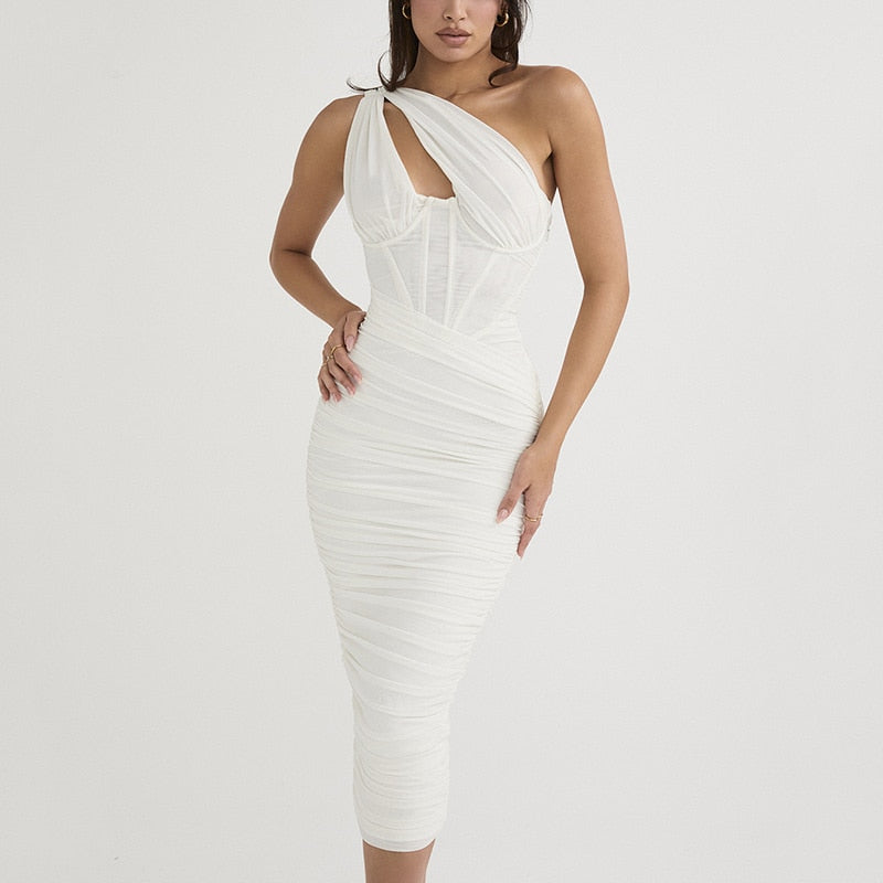 One Shoulder Backless Midi Dress