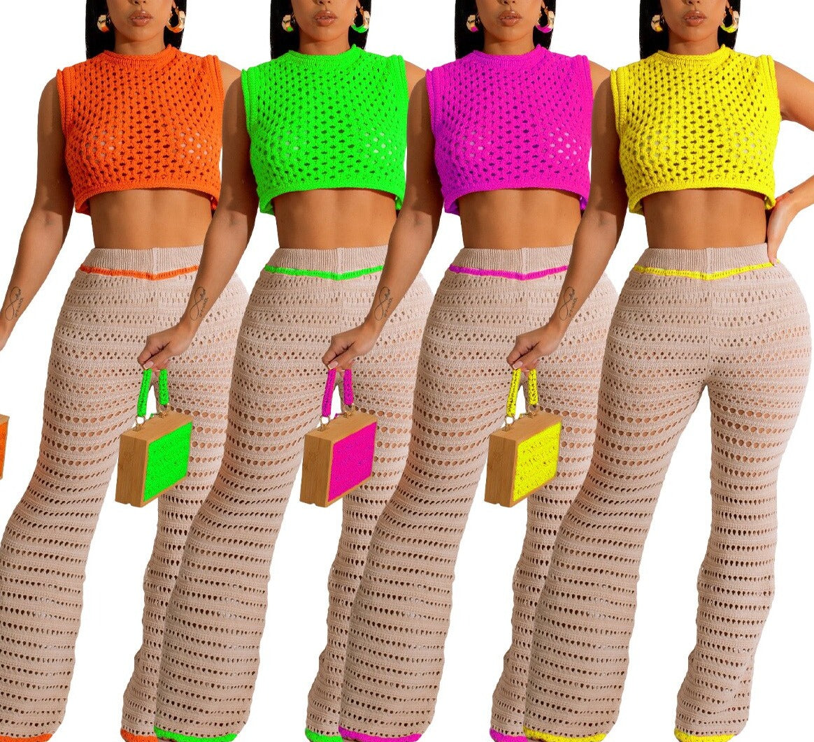 New Knitted Two Pieces Set Sexy women Hollow Out Crop Top