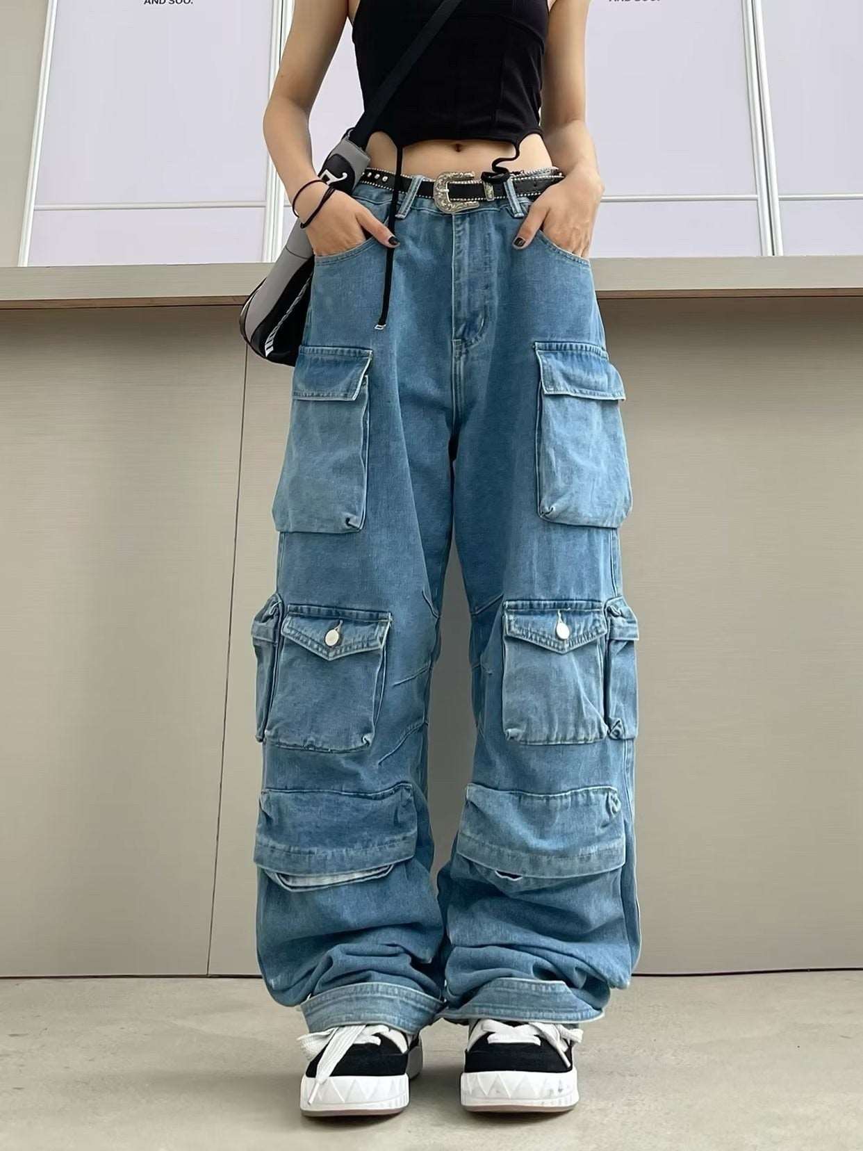 Fashion Pocket Front Lace Hem Straight Denim Pants