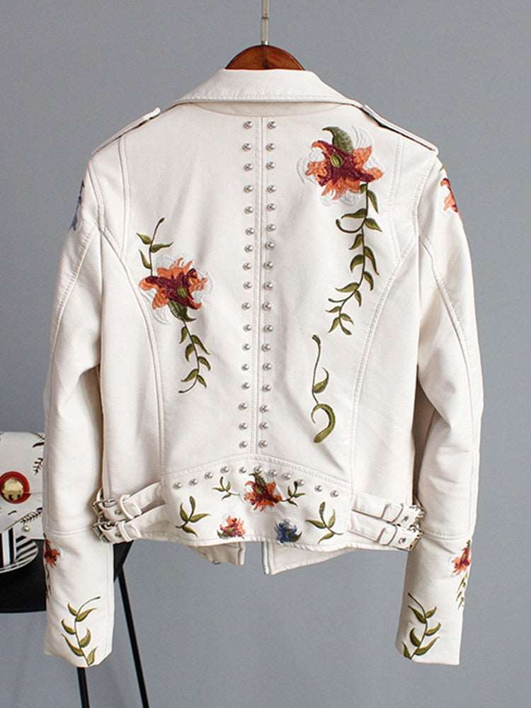 BEA Floral Print Embroidery Faux Leather Jacket