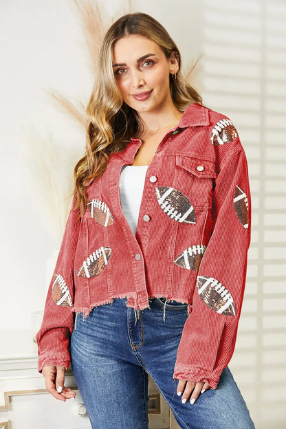 Sequin Football Patch Raw Hem Shacket - Image #15