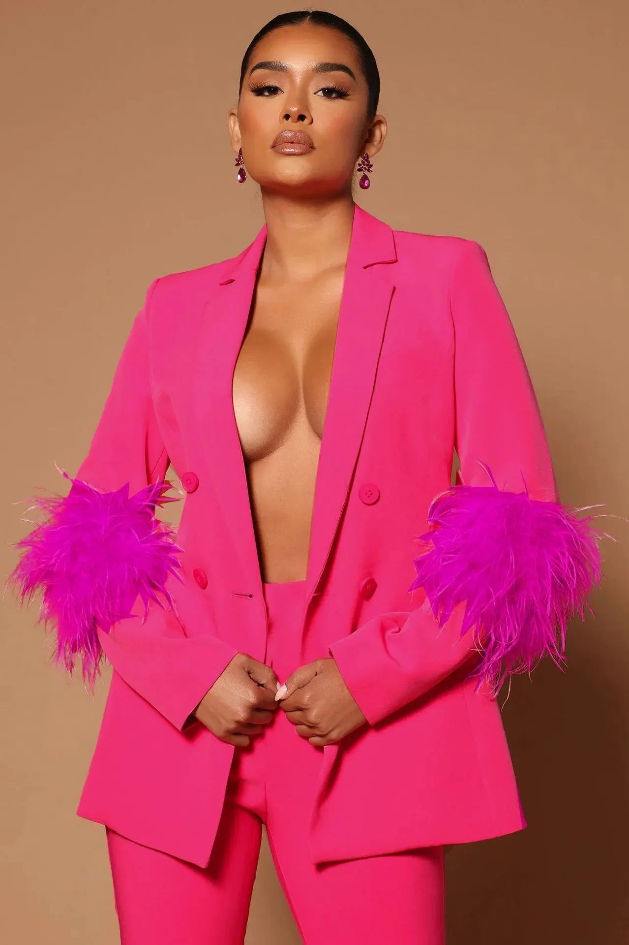 Fur Hem Long Sleeve Blazer Suit and Pants Suits - Image #12