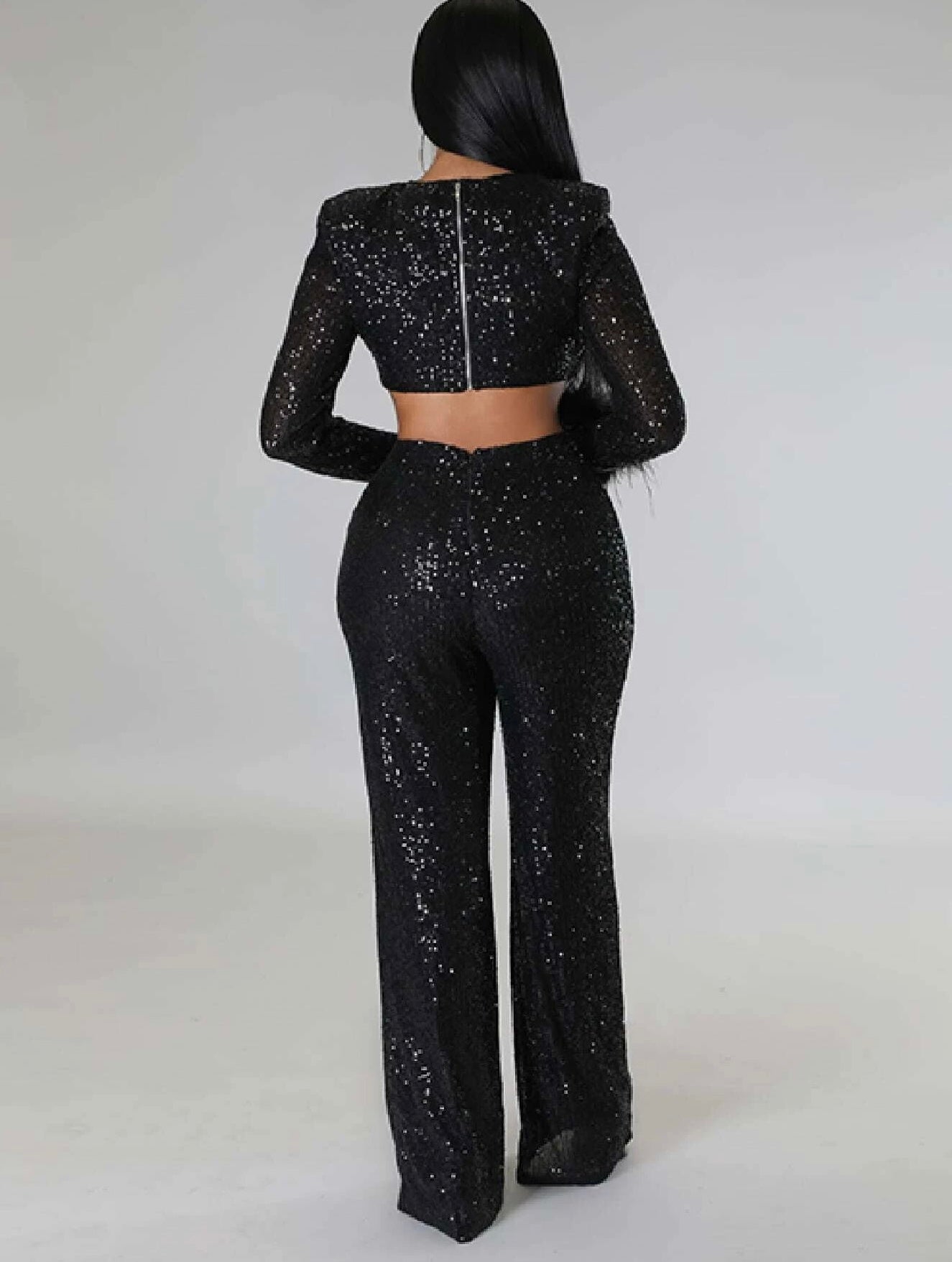 Solid Sequins Long Feather Sleeve  Jumpsuit