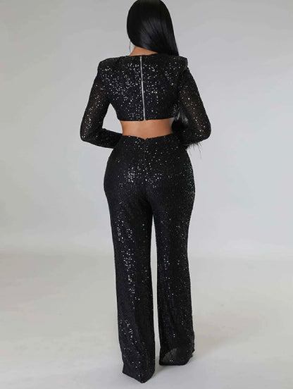 Solid Sequins Long Feather Sleeve  Jumpsuit