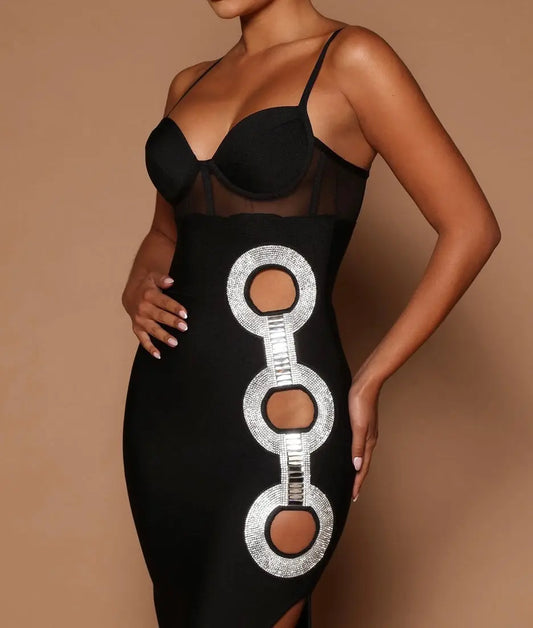 Elegant Midi Bodycon Dress- Black - Image #1
