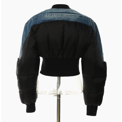 Denim Round Neck Slim Zipper Contrast Coat - Image #4