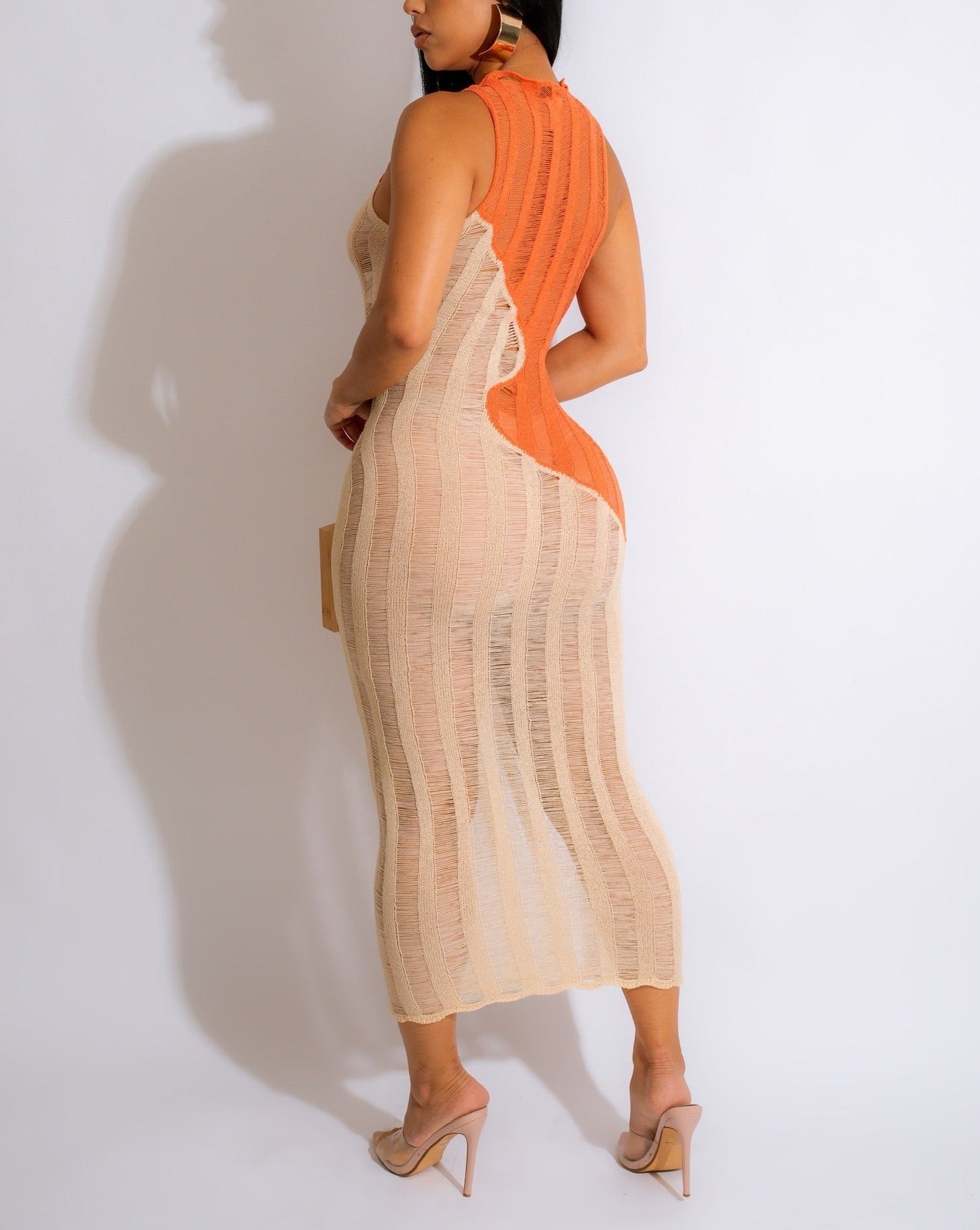Knit Ribbed Patchwork Sleeveless See Though Midi Dress