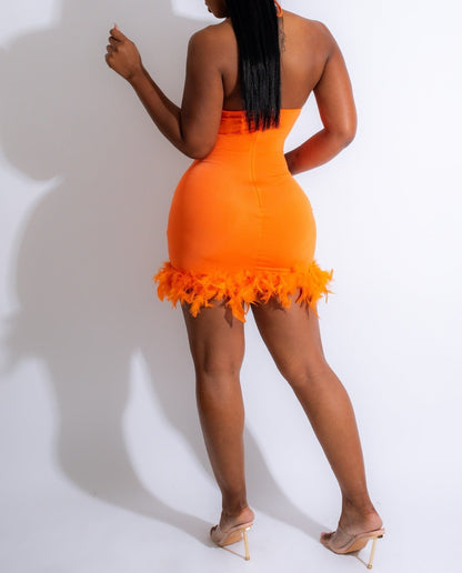 Feather Sparkling Crystal  Dresses-Orange