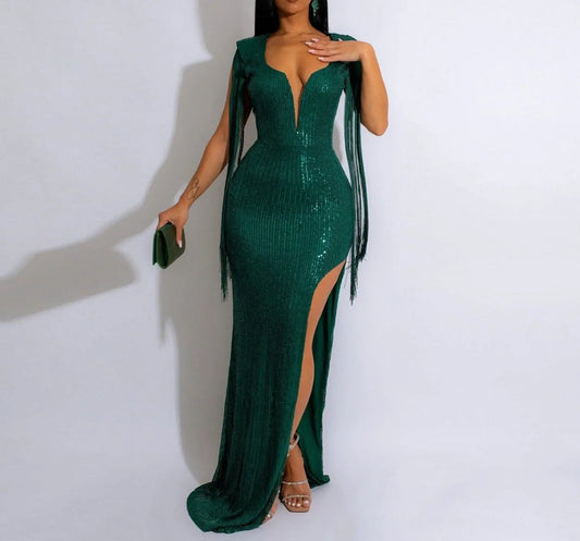 Tassel Sleeve High Side Slit Midi Maxi Long Dress - Image #1