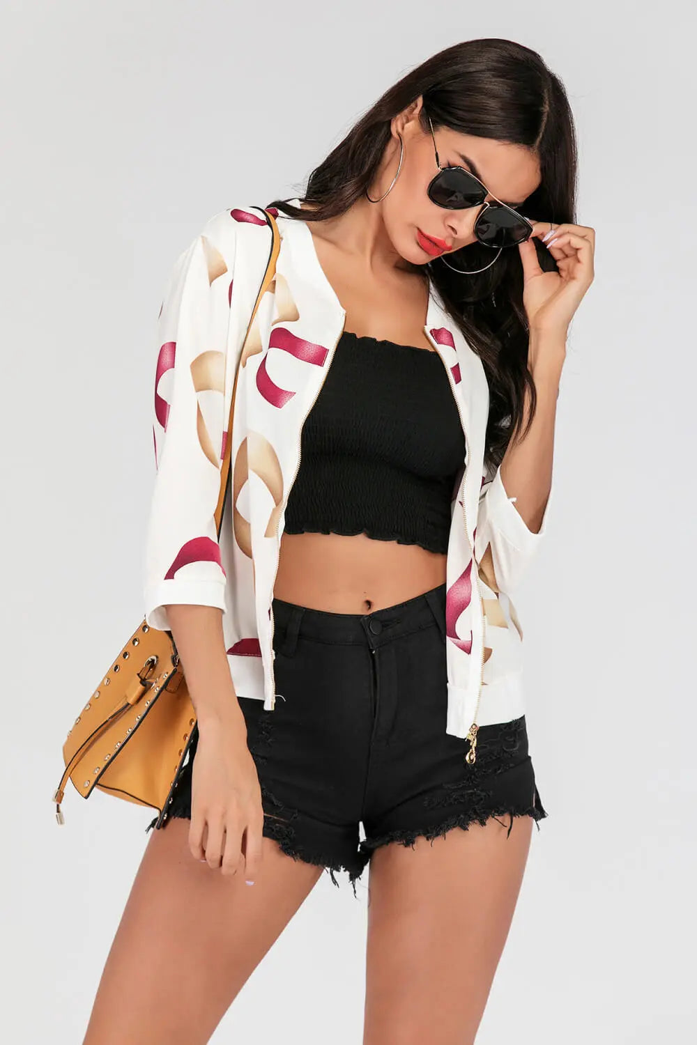 Printed Zip-Up Three-Quarter Sleeve Bomber Jacket - Image #7