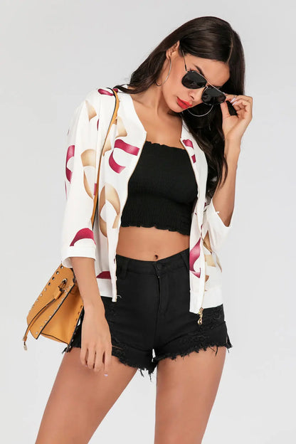 Printed Zip-Up Three-Quarter Sleeve Bomber Jacket - Image #7