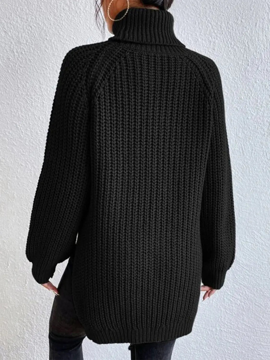 Full Size Turtleneck Rib-Knit Slit Sweater - Image #9