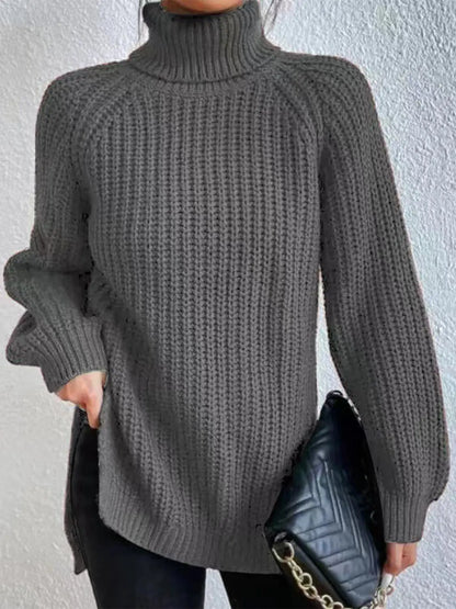 Full Size Turtleneck Rib-Knit Slit Sweater - Image #28