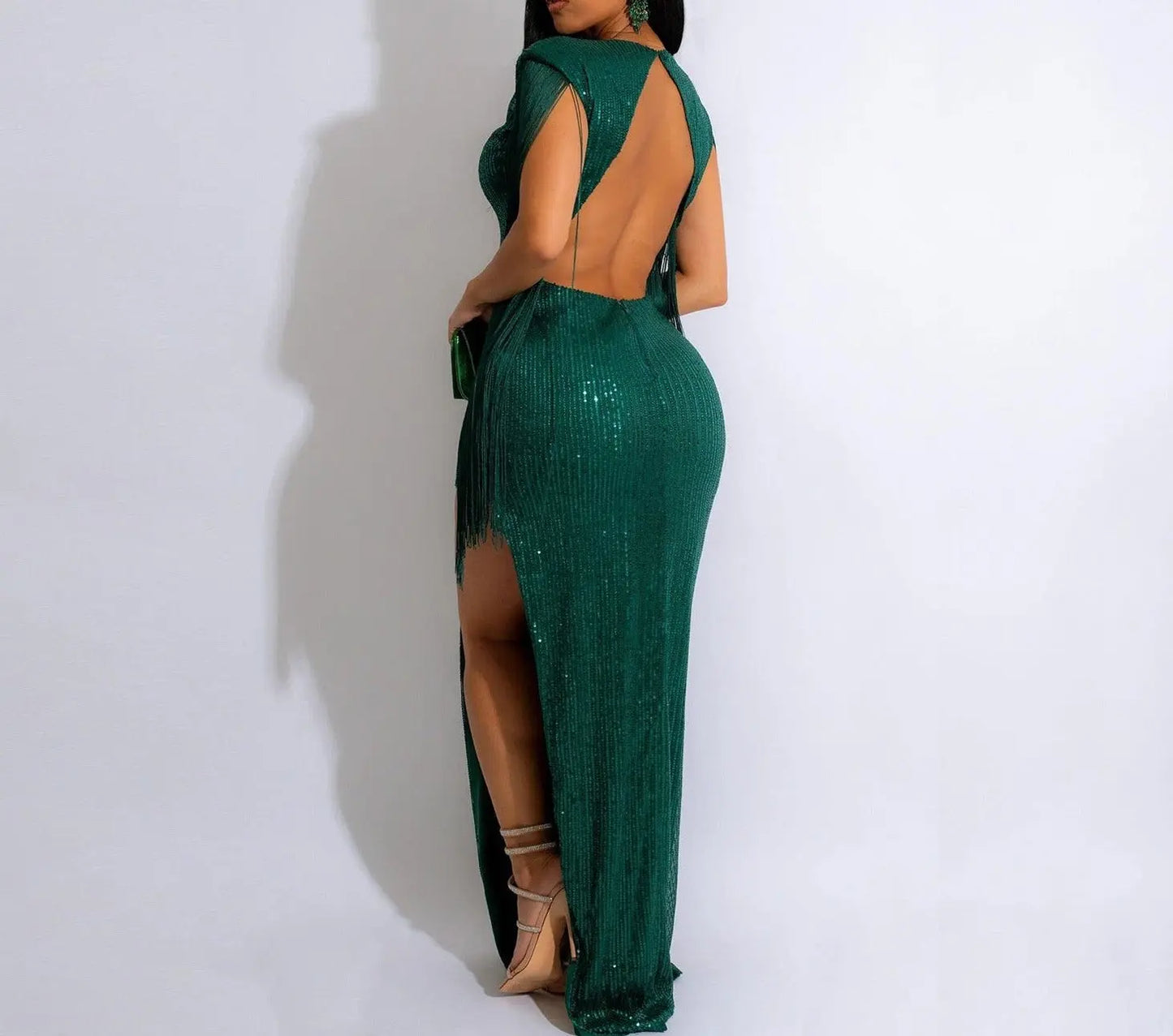 Tassel Sleeve High Side Slit Midi Maxi Long Dress - Image #2