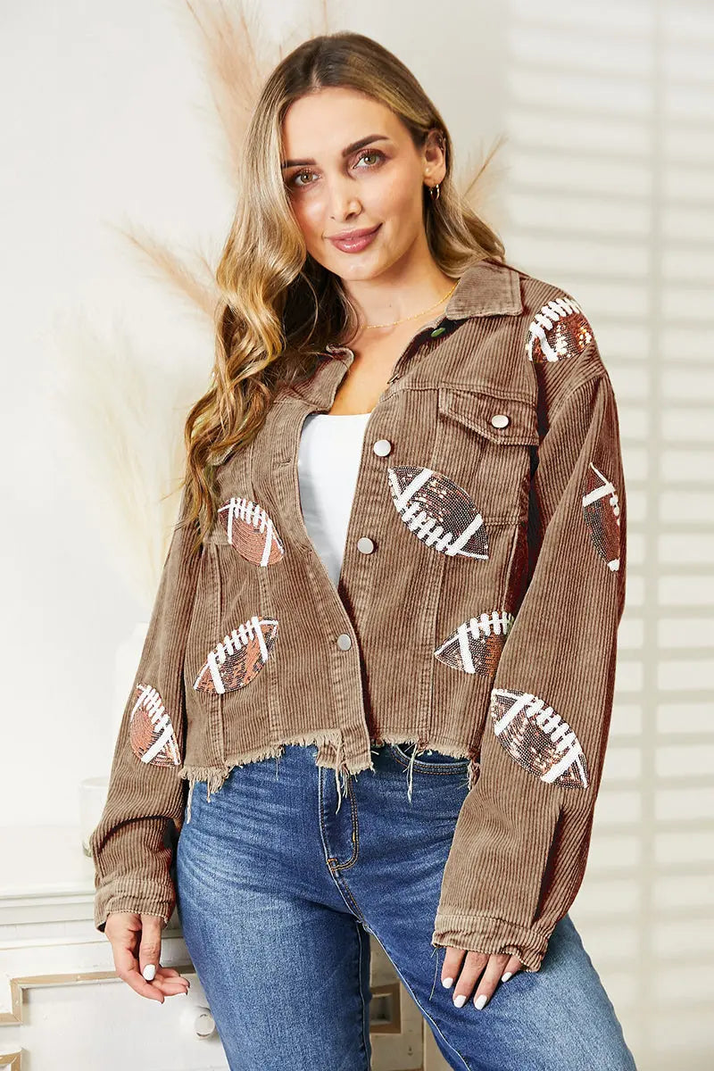 Sequin Football Patch Raw Hem Shacket - Image #18