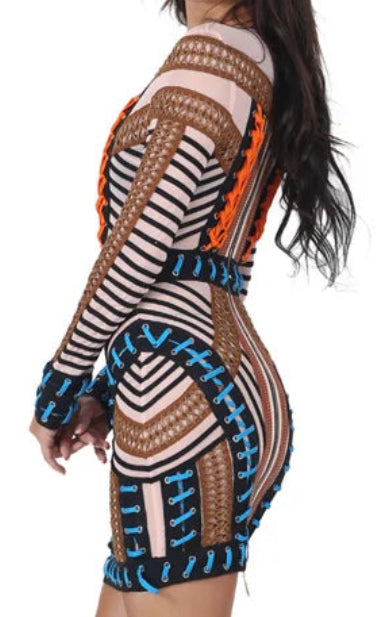 Woven Lace-Up Mesh Long Sleeve Bandage Mini Dress