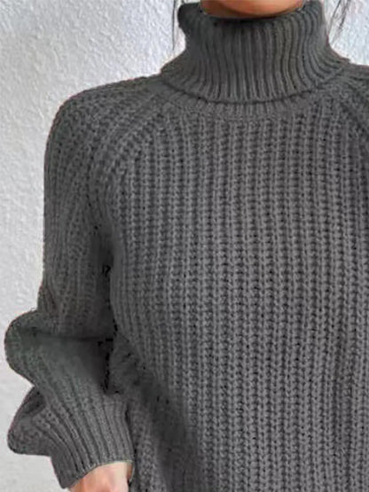 Full Size Turtleneck Rib-Knit Slit Sweater - Image #29