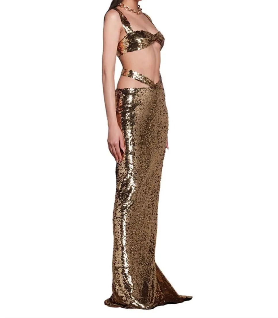 Hottie Gold Sexy Two Piece Set for Women Short Top Sequin Long Dress - Image #3