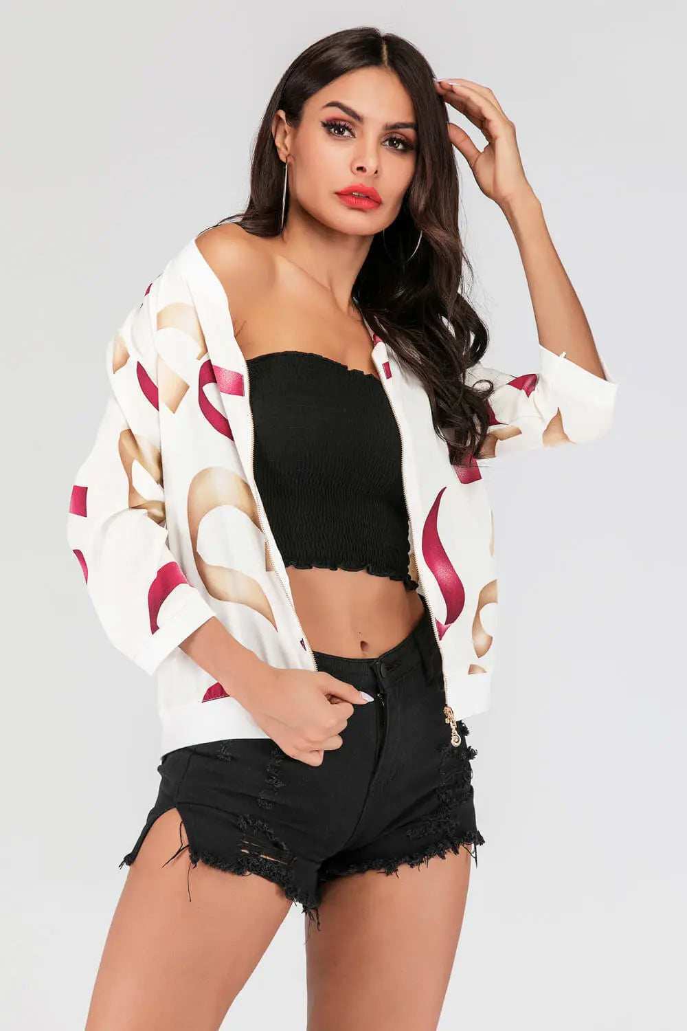 Printed Zip-Up Three-Quarter Sleeve Bomber Jacket - Image #6