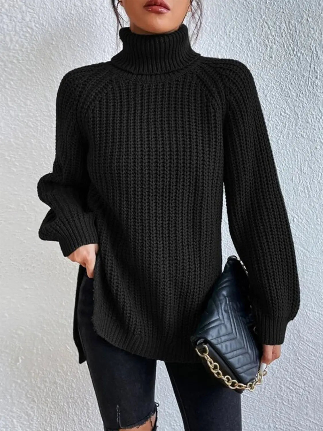 Full Size Turtleneck Rib-Knit Slit Sweater - Image #7