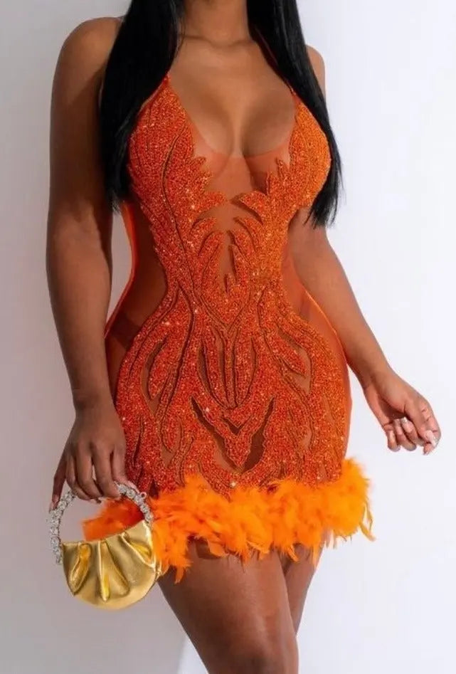 Feather Sparkling Crystal  Dresses-Orange - Image #1