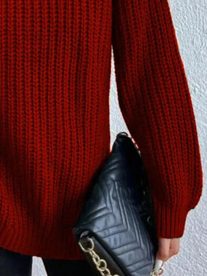 Full Size Turtleneck Rib-Knit Slit Sweater - Image #12
