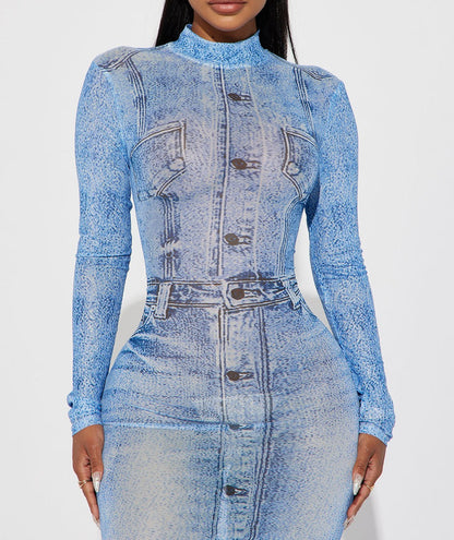 O-neck Fake 3d Printed Midi Maxi Dress