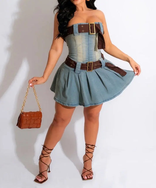 Corset Denim Pleated Dress with Belt - Image #1
