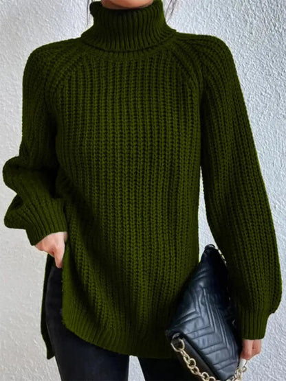 Full Size Turtleneck Rib-Knit Slit Sweater - Image #35