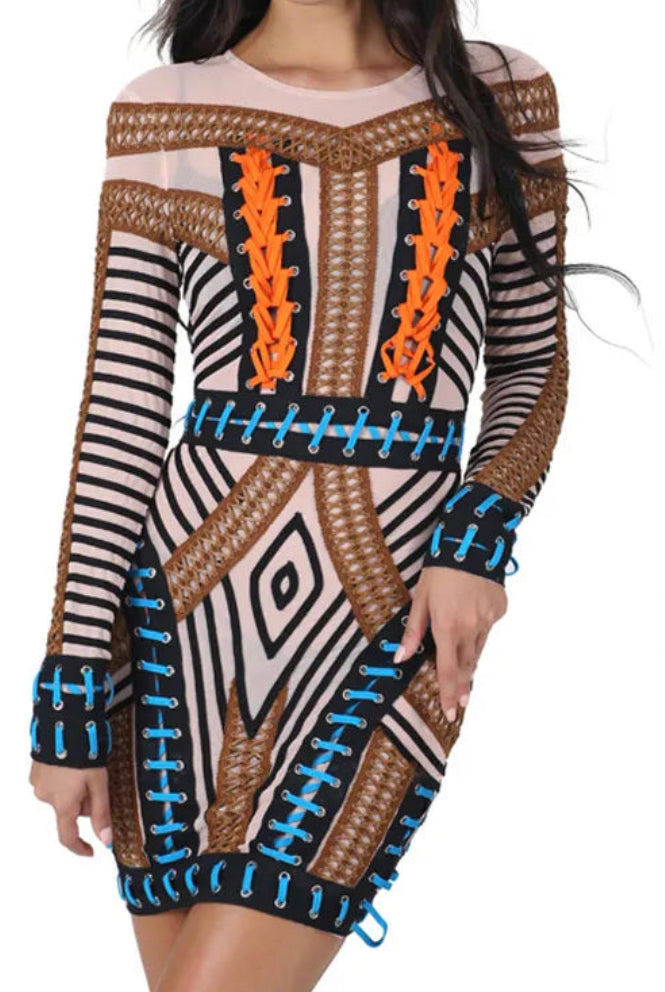 Woven Lace-Up Mesh Long Sleeve Bandage Mini Dress