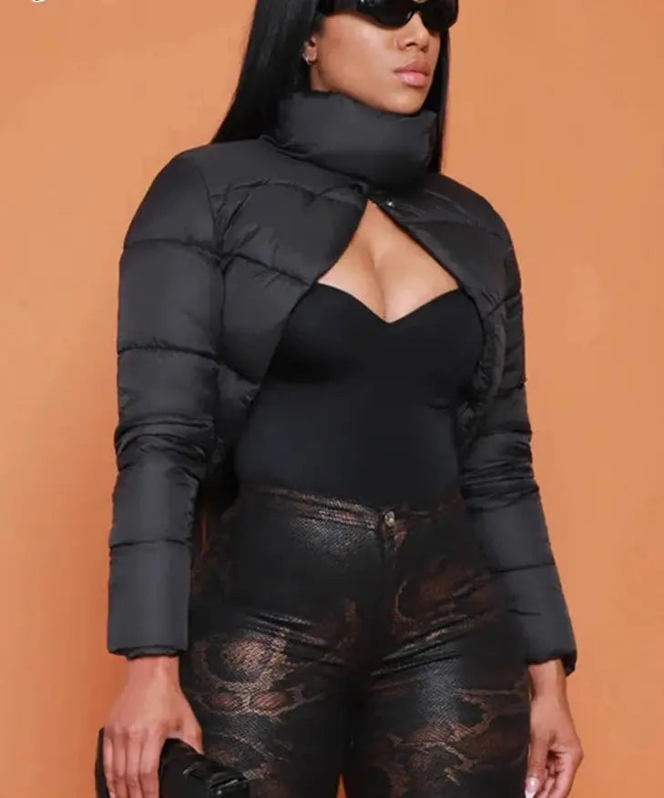 Women's Collar Button Up Puffer Jacket - Image #3