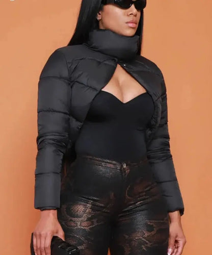 Women's Collar Button Up Puffer Jacket - Image #3