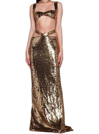 Hottie Gold Sexy Two Piece Set for Women Short Top Sequin Long Dress - Image #1
