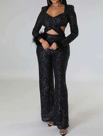 Solid Sequins Long Feather Sleeve  Jumpsuit