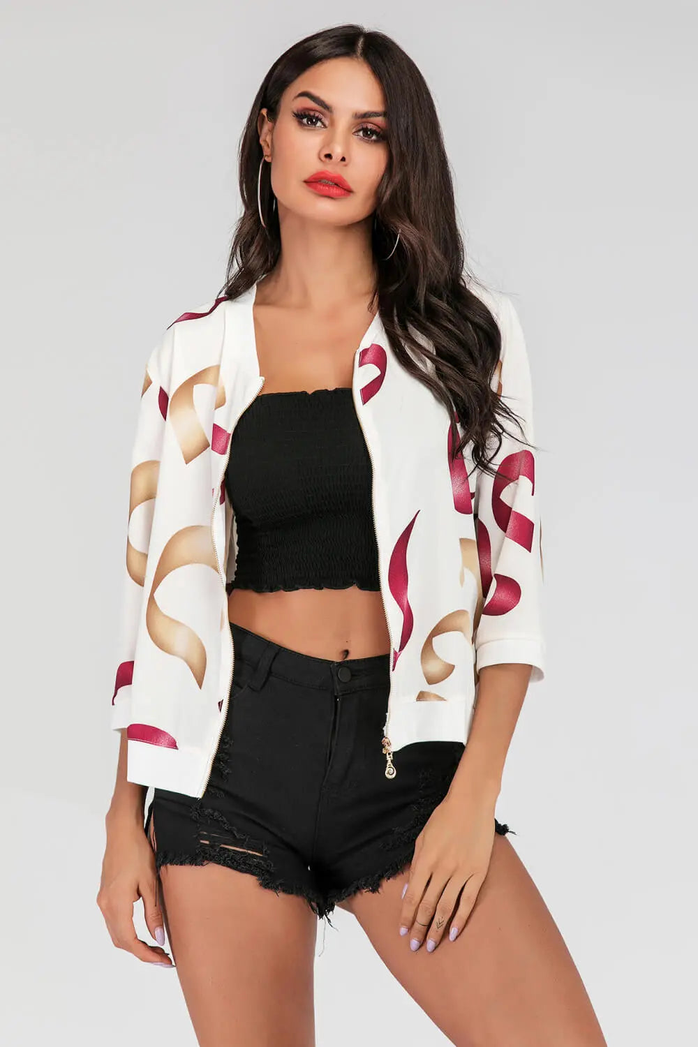 Printed Zip-Up Three-Quarter Sleeve Bomber Jacket - Image #3
