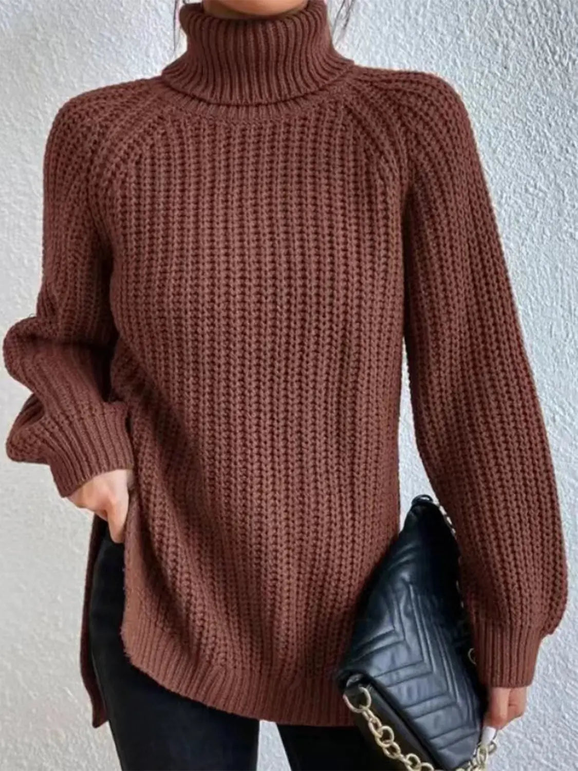 Full Size Turtleneck Rib-Knit Slit Sweater - Image #31