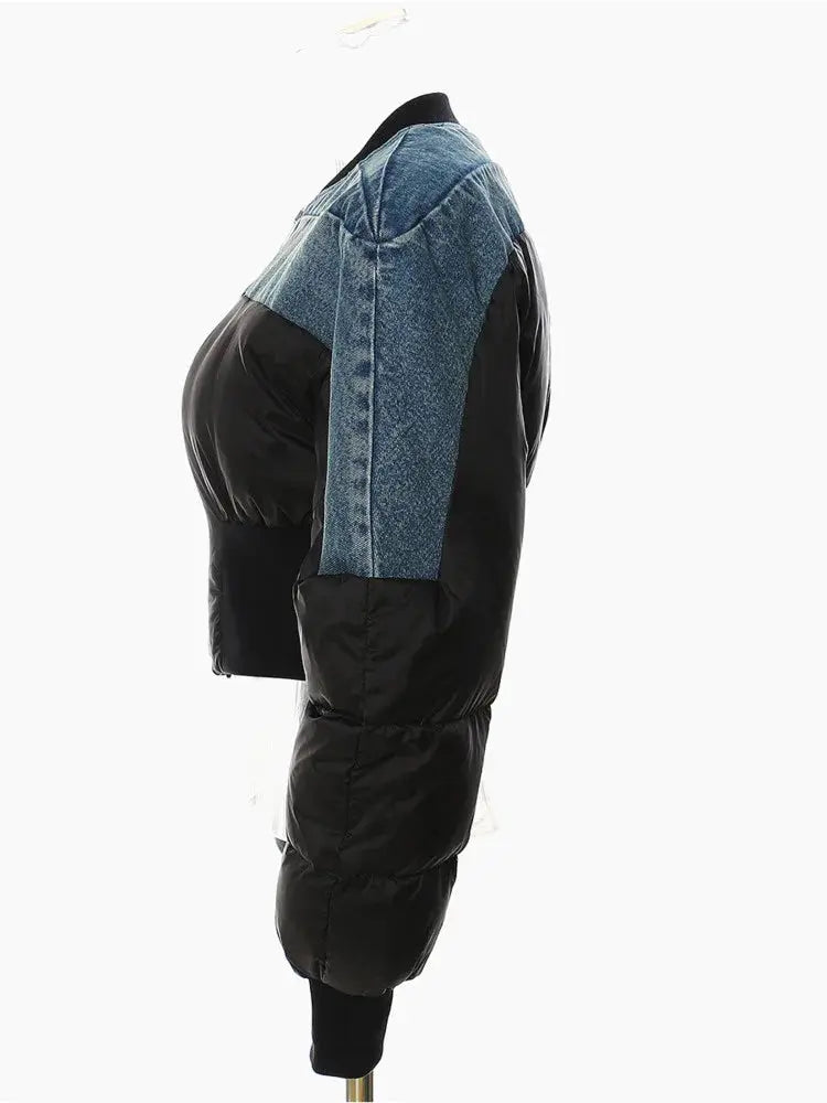 Denim Round Neck Slim Zipper Contrast Coat - Image #3