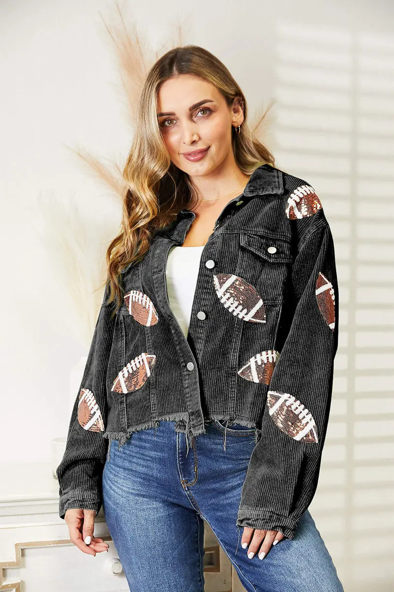 Sequin Football Patch Raw Hem Shacket - Image #1