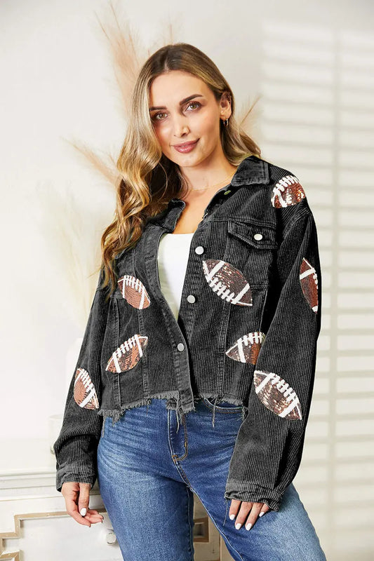 Sequin Football Patch Raw Hem Shacket - Image #1