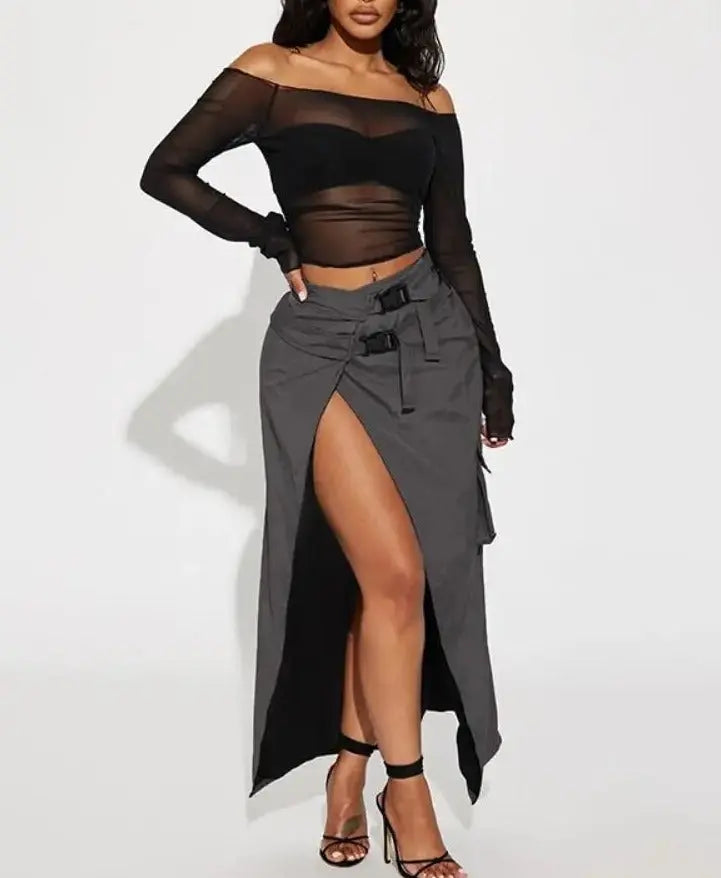 Over The Edge Nylon Cargo Long Skirt-Charcoal - Image #4